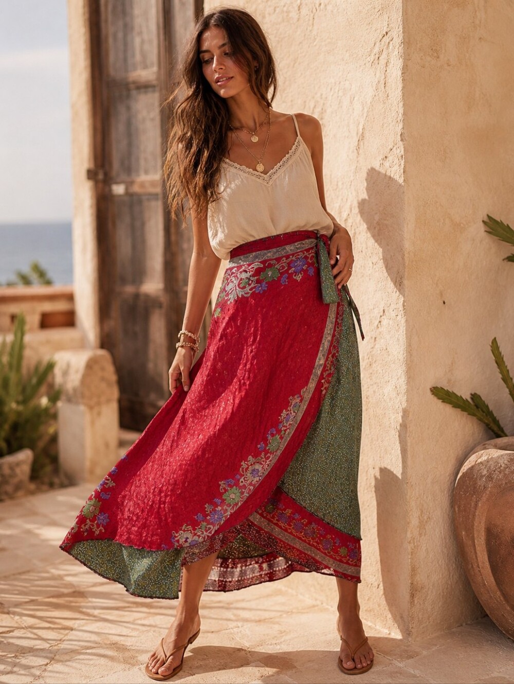 Reversible Silk Wrap Midi Skirt Handmade Boho Festival Resort